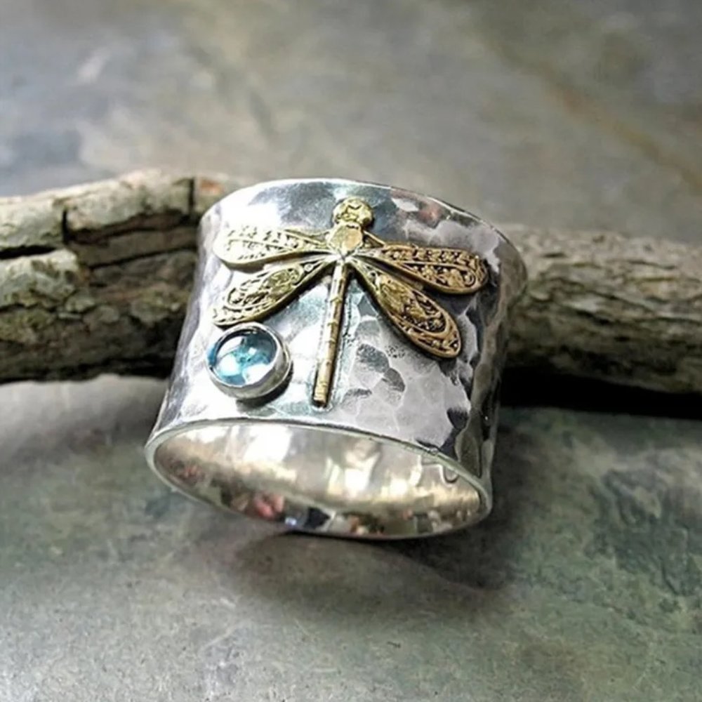 Dragonfly Hammered Silver & Gold Bohemian Mixed Metal Wide Band Ring NEW